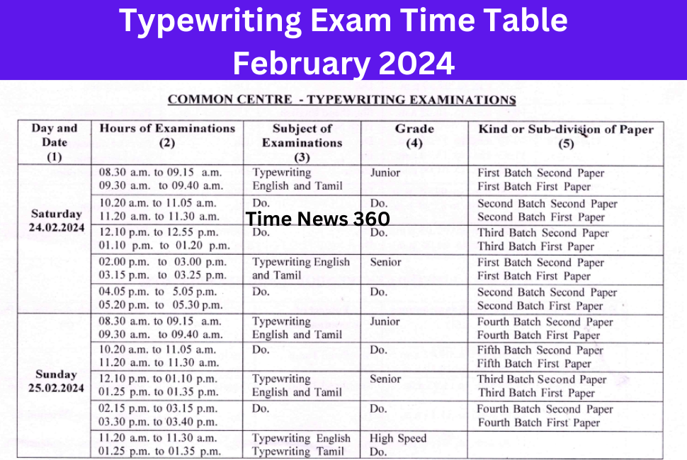 Typewriting Exam Time Table February 2024